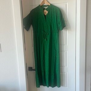 Green Eyelet Midi Dress with Tie Waist